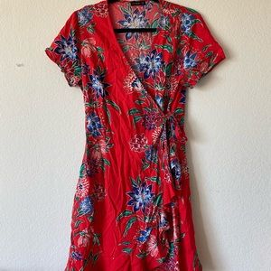 Red Floral Wrap Tie Summer Dress